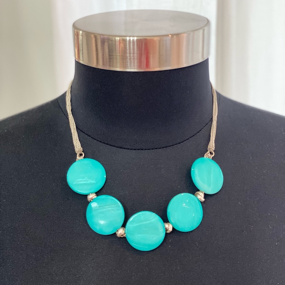Turquoise Circle Stone & Silver Knotted Chain Adjustable Length Necklace